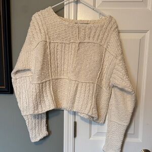 Vintage Textured Cream Cable-Knit Crop Crewneck Sweater